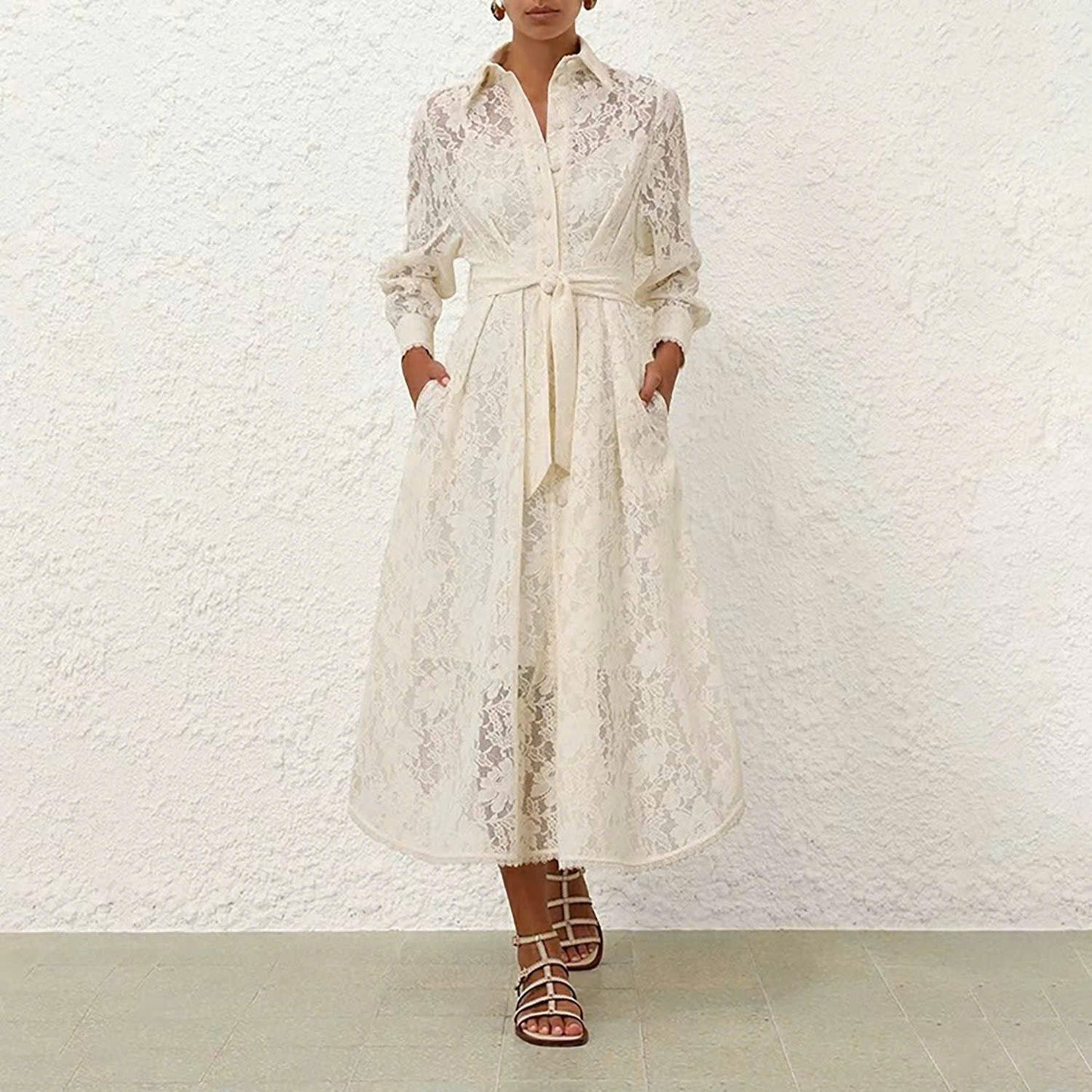 Đầm ren cổ sơ mi dáng maxi màu Trắng 7768