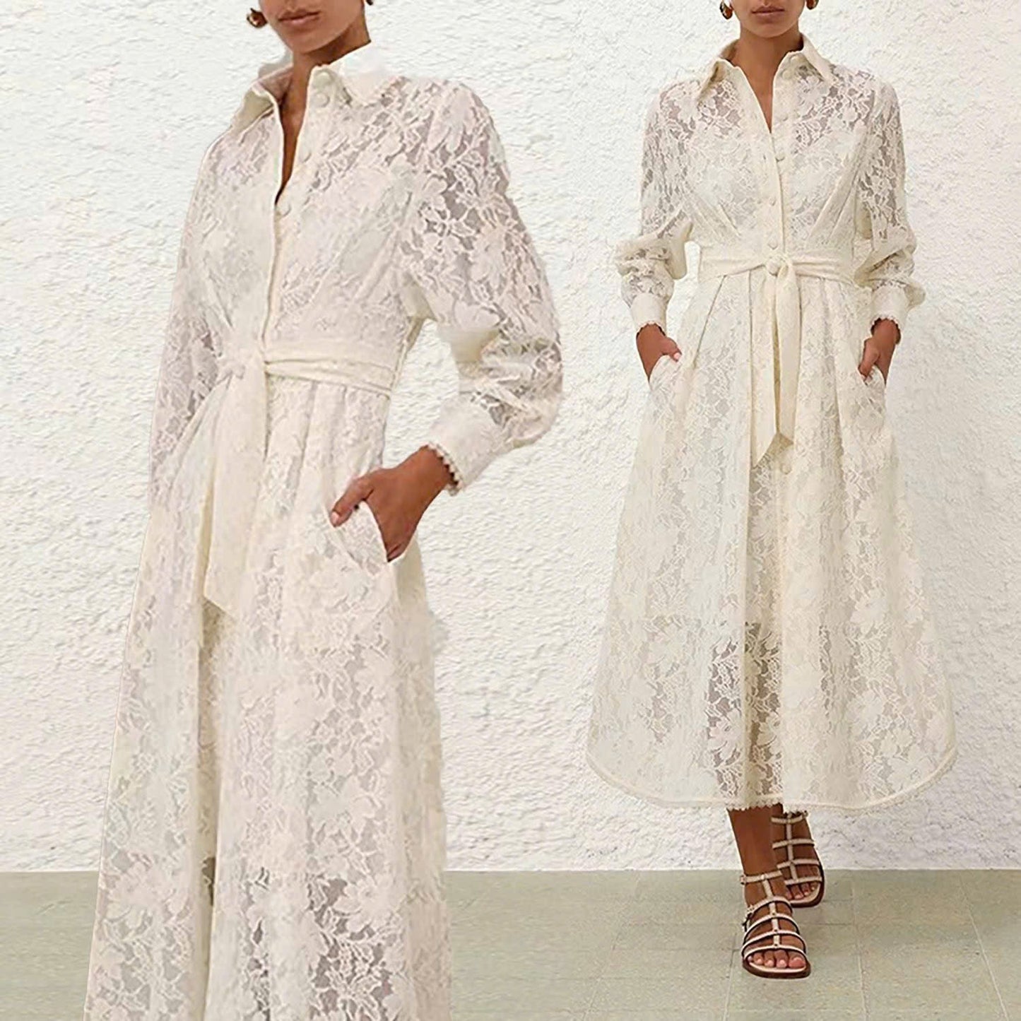 Đầm ren cổ sơ mi dáng maxi màu Trắng 7768