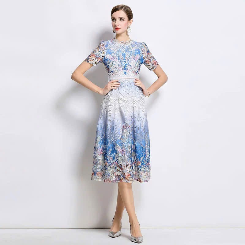 Đầm ren trắng hoạ tiết phối xanh 6024