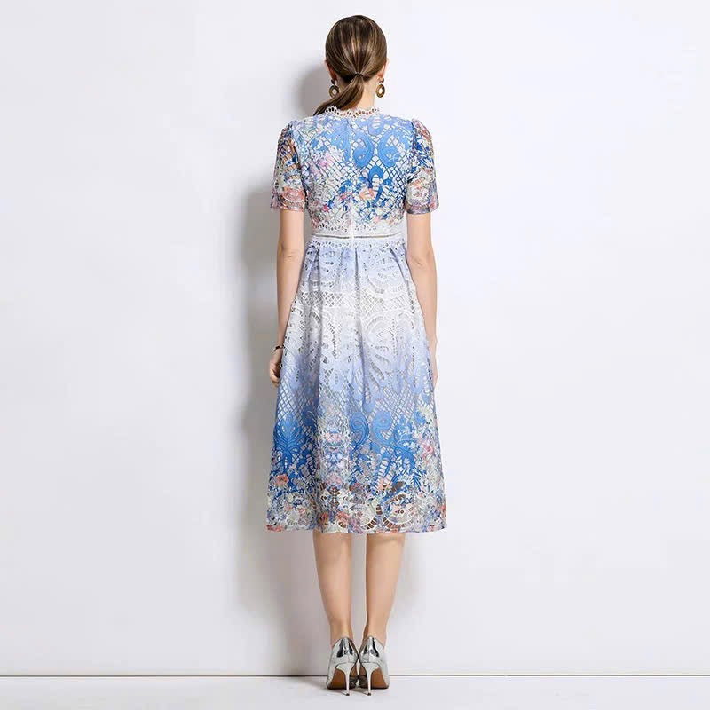 Đầm ren trắng hoạ tiết phối xanh 6024