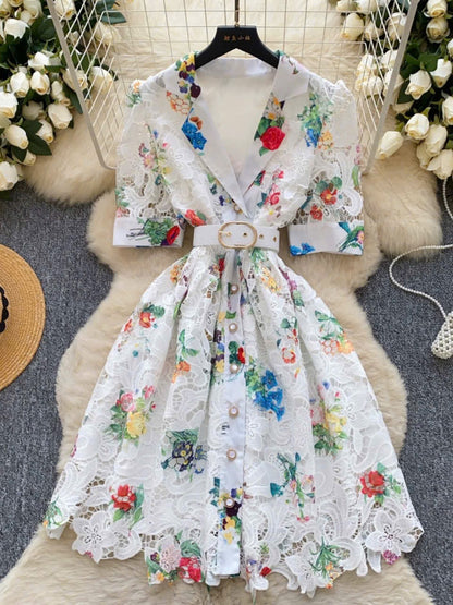 Đầm ren hoa nhiều màu cổ vest kèm belt 6030