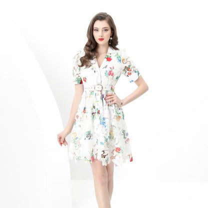 Đầm ren hoa nhiều màu cổ vest kèm belt 6030