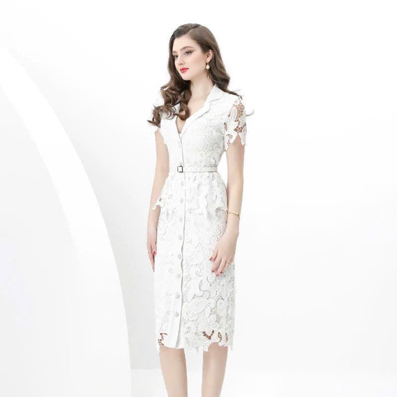 Đầm ren trắng cổ vest kèm belt 6033