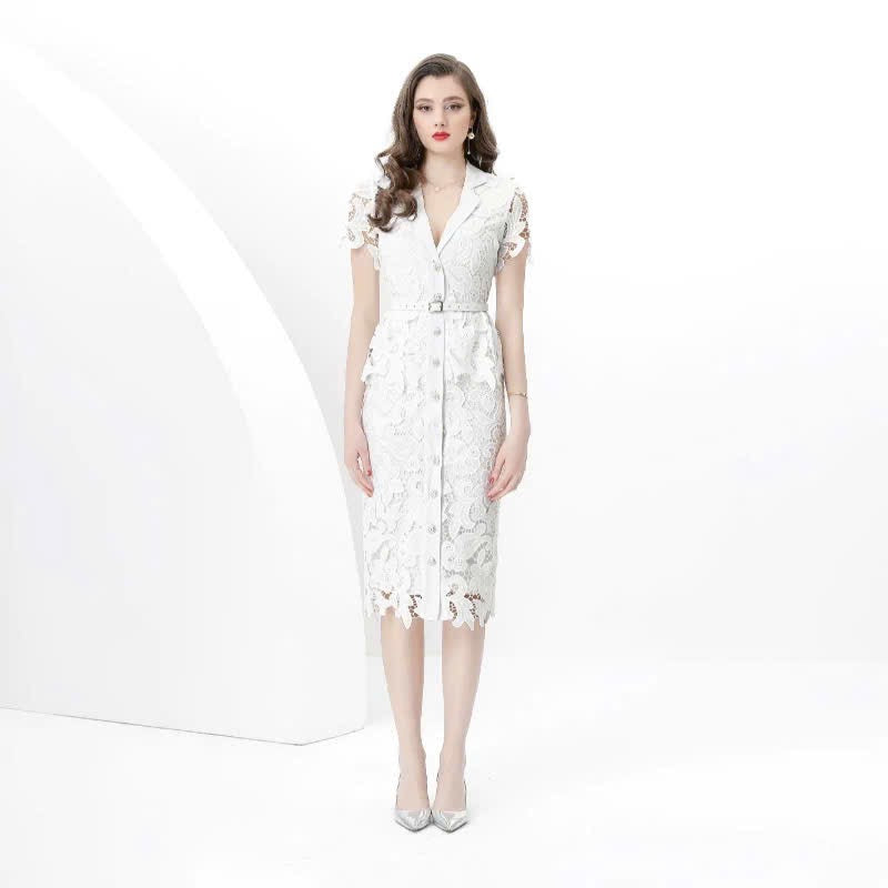 Đầm ren trắng cổ vest kèm belt 6033