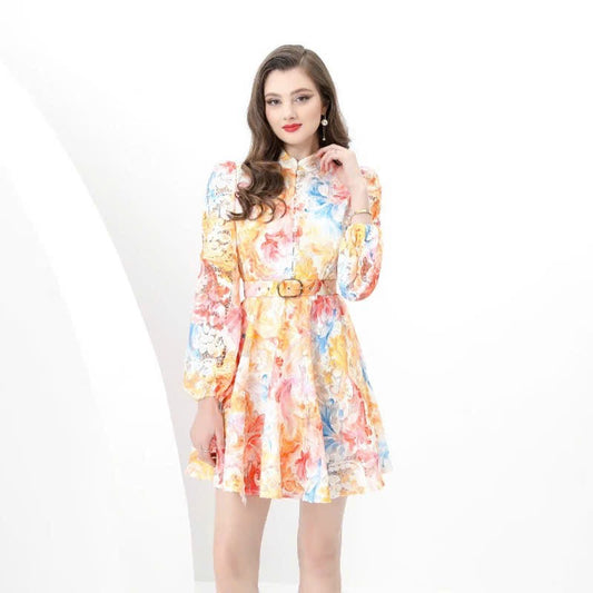 Đầm ren hoạ tiết nhiều màu tay dài kèm belt 6034