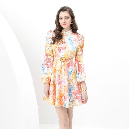 Đầm ren hoạ tiết nhiều màu tay dài kèm belt 6034