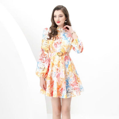 Đầm ren hoạ tiết nhiều màu tay dài kèm belt 6034