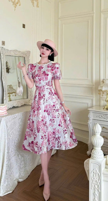 Đầm gấm hoa tím tiểu thư cổ ngọc kèm belt 6035