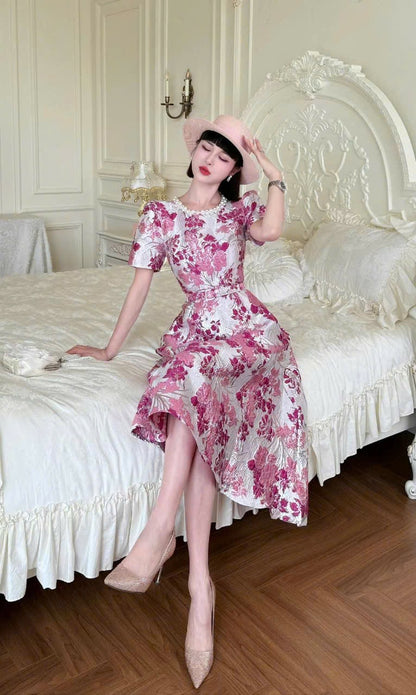 Đầm gấm hoa tím tiểu thư cổ ngọc kèm belt 6035