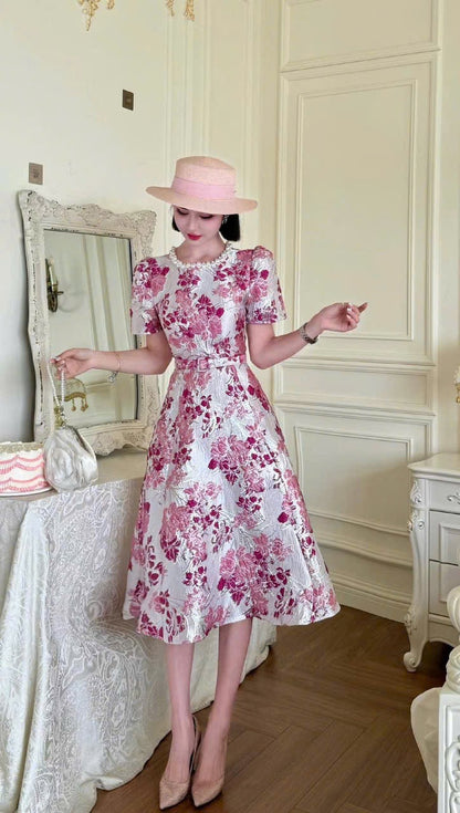 Đầm gấm hoa tím tiểu thư cổ ngọc kèm belt 6035