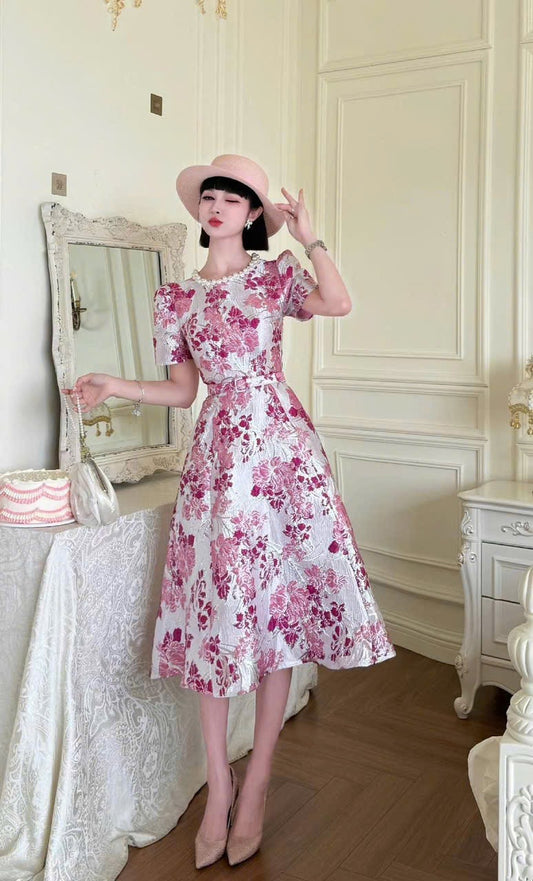 Đầm gấm hoa tím tiểu thư cổ ngọc kèm belt 6035