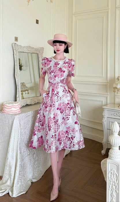 Đầm gấm hoa tím tiểu thư cổ ngọc kèm belt 6035