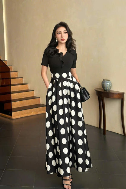 Sét đen hoa vai tà chấm bi lớn có túi 6037