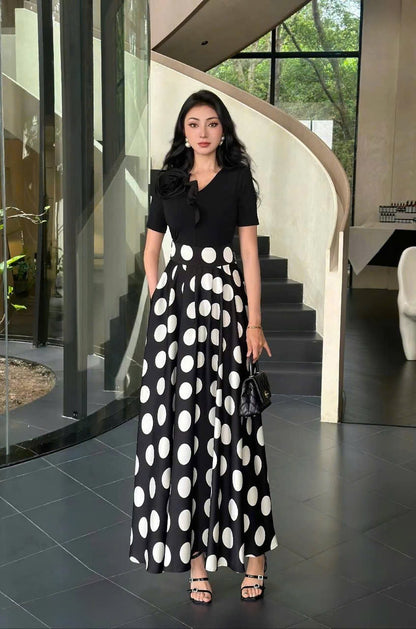 Sét đen hoa vai tà chấm bi lớn có túi 6037