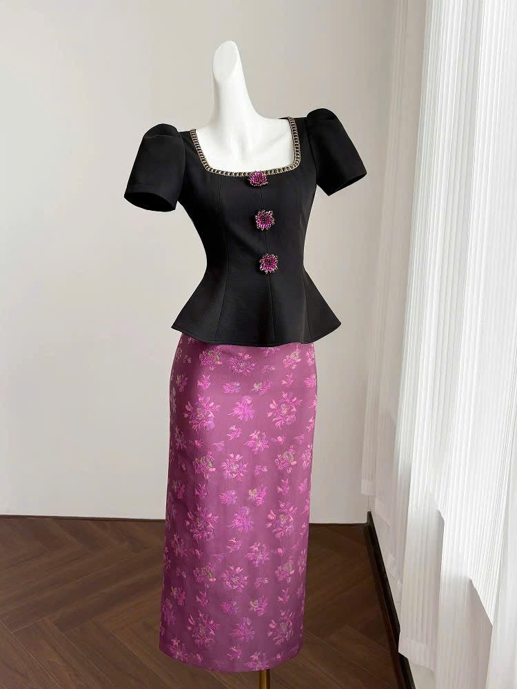 Đầm gấm  đen phối hoa tím 3 nút hoa 6040