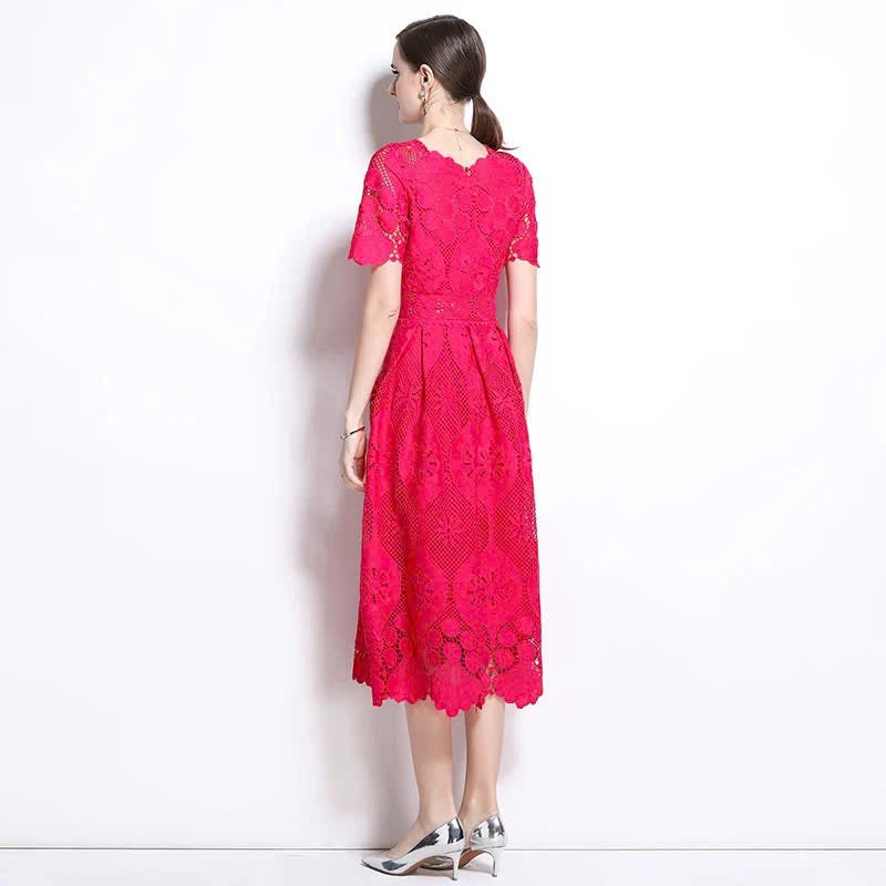 Đầm ren cổ vuông siêu đẹp màu hồng Sen  6042