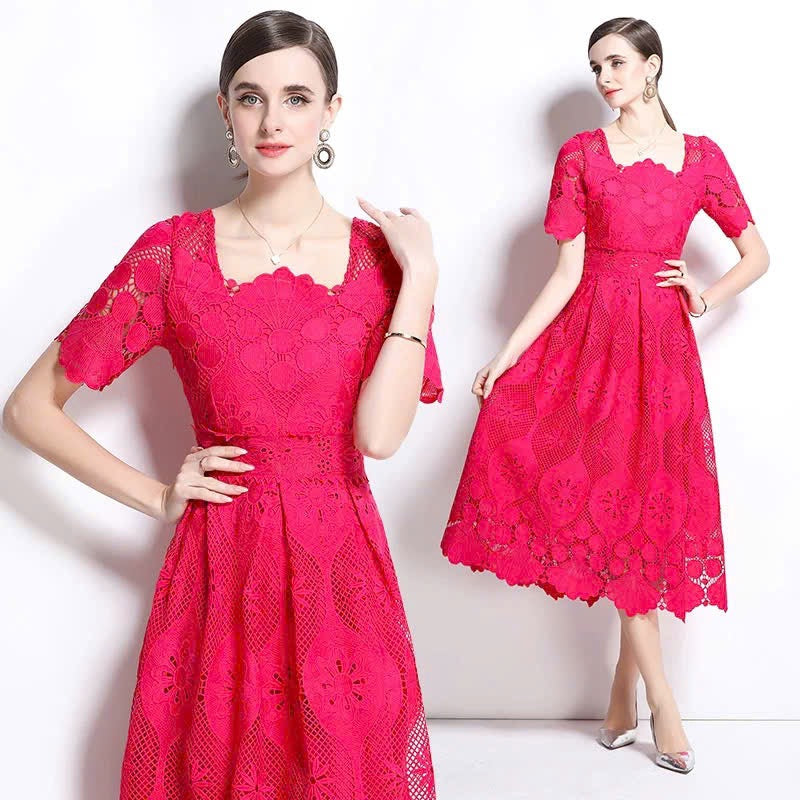 Đầm ren cổ vuông siêu đẹp màu hồng Sen  6042