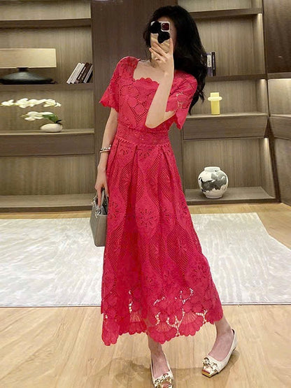 Đầm ren cổ vuông siêu đẹp màu hồng Sen  6042