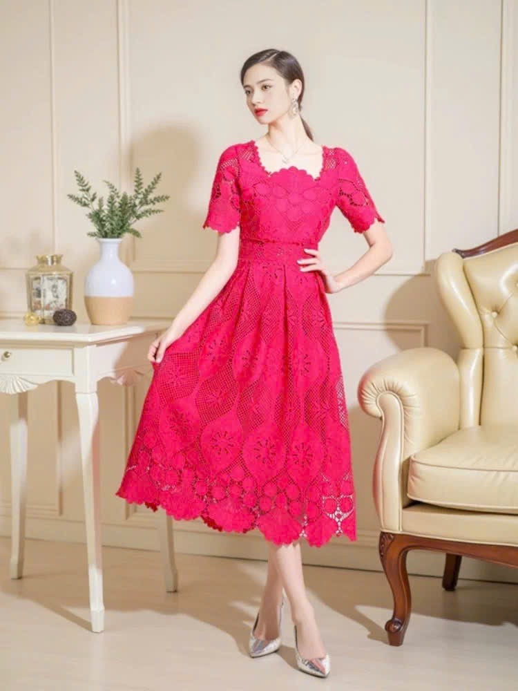 Đầm ren cổ vuông siêu đẹp màu hồng Sen  6042