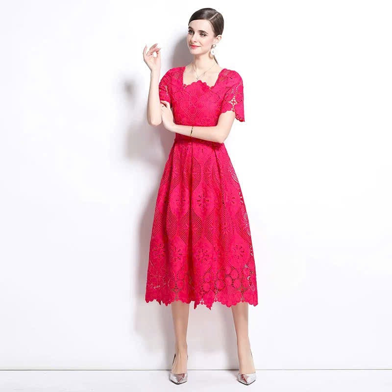 Đầm ren cổ vuông siêu đẹp màu hồng Sen  6042