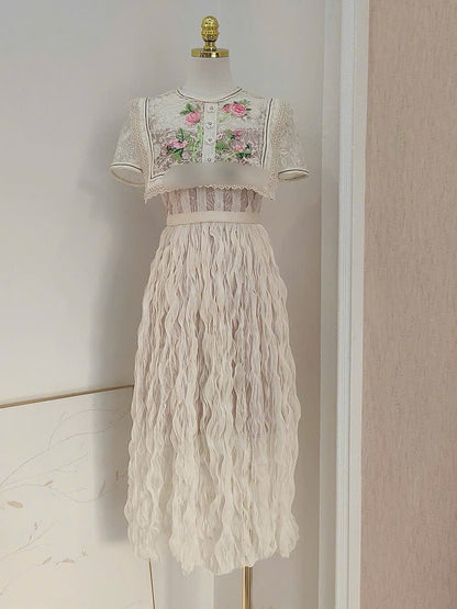 Đầm ren tiểu thư thêu hoa ngực tà bèo siêu đẹp 6044