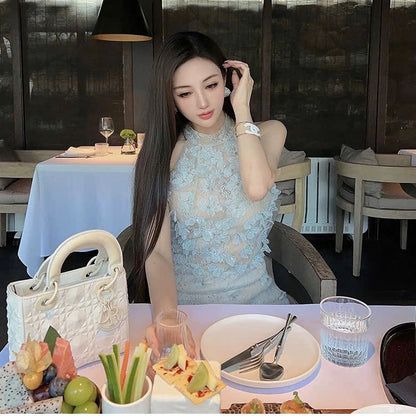 Đầm ren yếm xịn bông hoa nổi Màu Xanh 6046