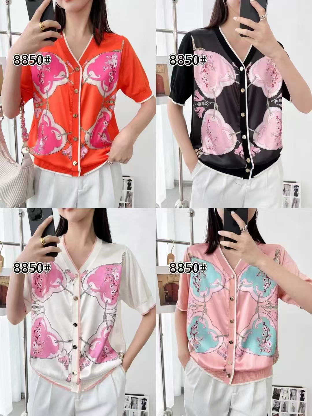 Áo Montoghi phối lụa mềm đẹp cài nút hoạ tiết 4 trái tim Màu Đen