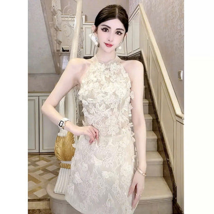 Đầm ren yếm xịn bông hoa nổi Màu Trắng 6047