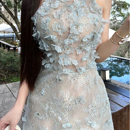 Đầm ren yếm xịn bông hoa nổi Màu Xanh 6046