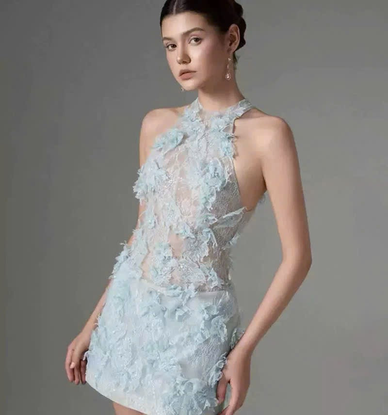 Đầm ren yếm xịn bông hoa nổi Màu Xanh 6046