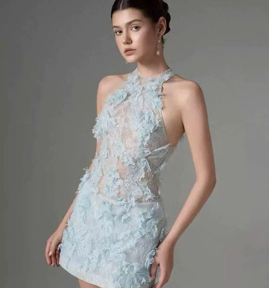 Đầm ren yếm xịn bông hoa nổi Màu Xanh 6046