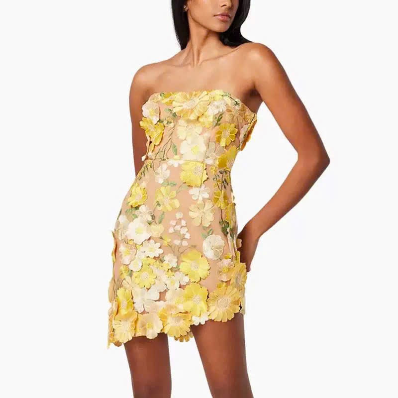 Đầm ren cúp ngực hoa vàng tà chéo 6048