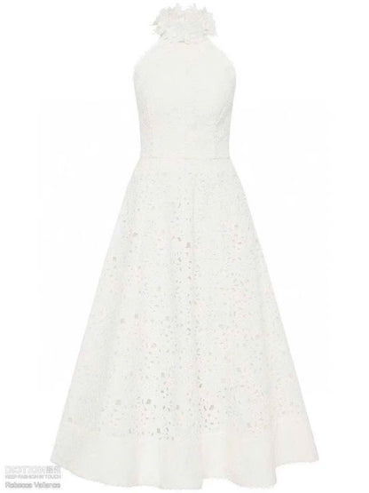 Đầm ren dài cổ yếm hoa màu trắng 6050