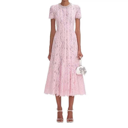 Đầm ren tà xếp ly cổ đính ngọc màu hồng 6051