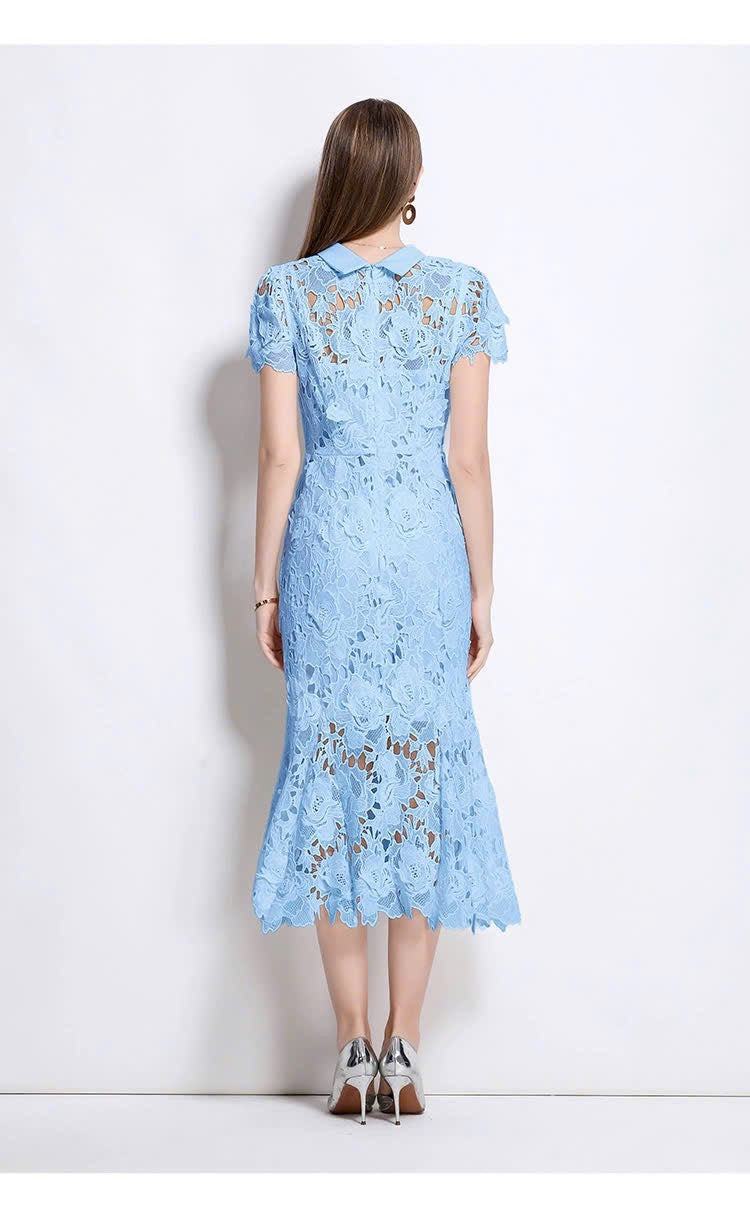 Đầm ren đuôi cá cổ đứng màu xanh dương 6055