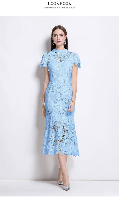 Đầm ren đuôi cá cổ đứng màu xanh dương 6055