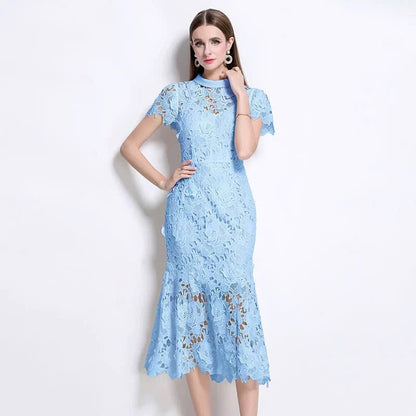 Đầm ren đuôi cá cổ đứng màu xanh dương 6055