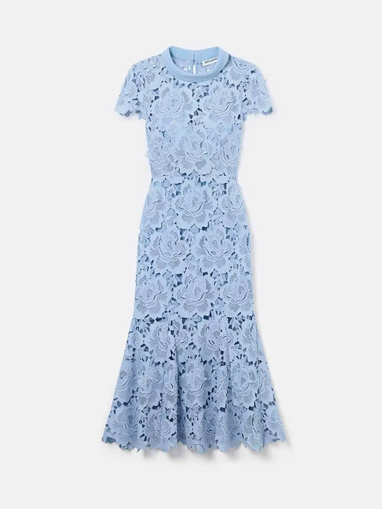 Đầm ren đuôi cá cổ đứng màu xanh dương 6055