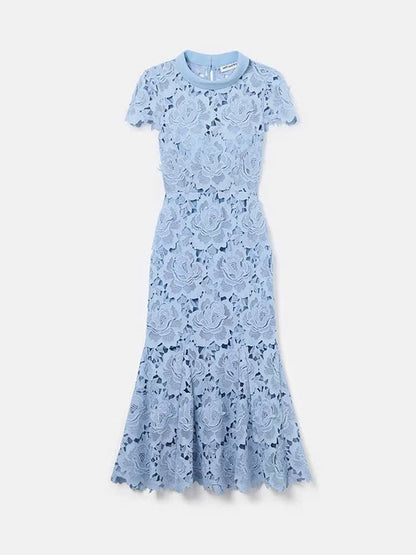 Đầm ren đuôi cá cổ đứng màu xanh dương 6055