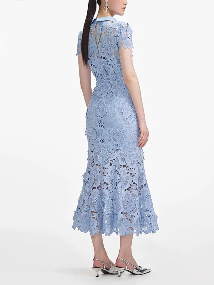 Đầm ren đuôi cá cổ đứng màu xanh dương 6055