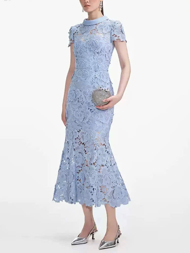 Đầm ren đuôi cá cổ đứng màu xanh dương 6055