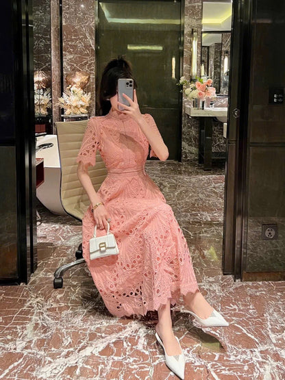 Đầm ren hồng cổ đứng form dài siêu đẹp 6061