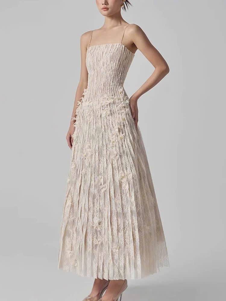 Đầm hai dây kem dài xếp ly nhỏ siêu đẹp 6067