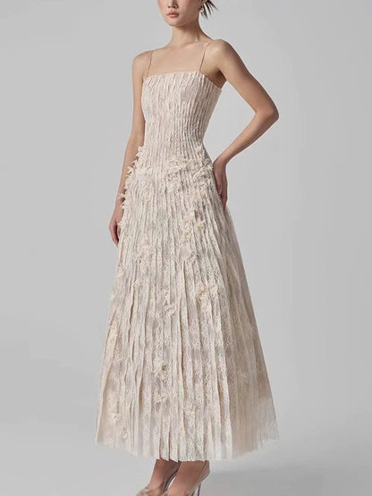 Đầm hai dây kem dài xếp ly nhỏ siêu đẹp 6067