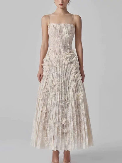 Đầm hai dây kem dài xếp ly nhỏ siêu đẹp 6067