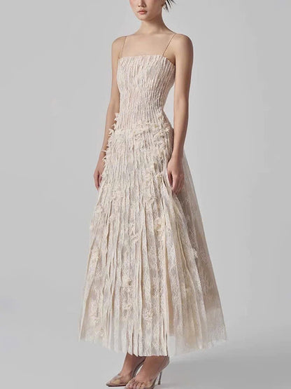 Đầm hai dây kem dài xếp ly nhỏ siêu đẹp 6067