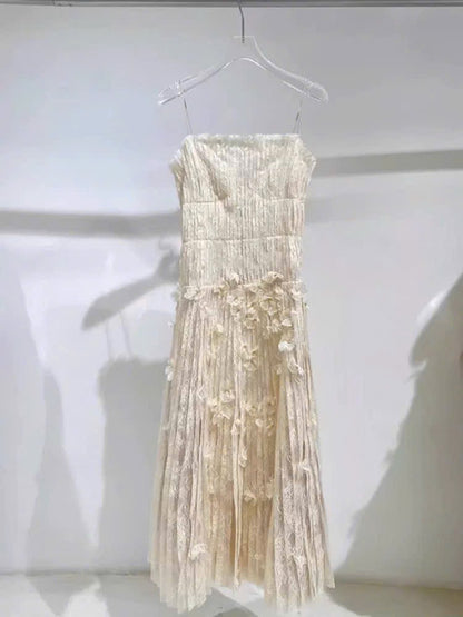 Đầm hai dây kem dài xếp ly nhỏ siêu đẹp 6067