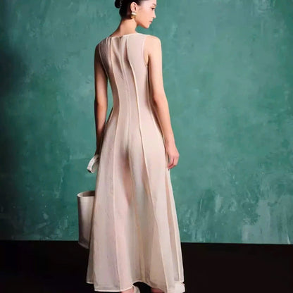 Đầm thiết kế sát nách form dài màu kem 6069