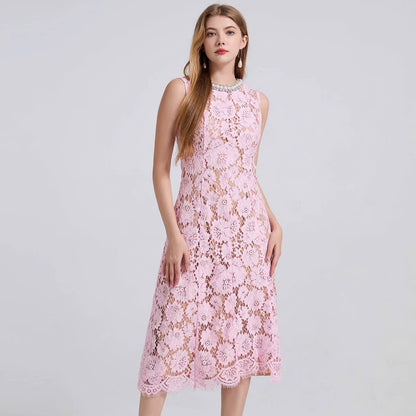 Đầm ren sát nách cổ đính hạt form lửng màu hồng 6078