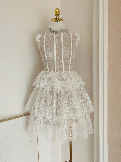 Đầm ren cổ đính đá sát nách xoè 3 tầng 6080